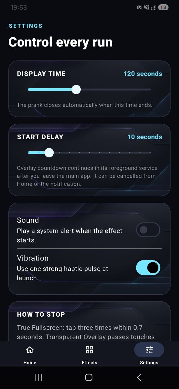 Prank Studio timing and feedback settings